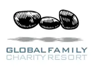 Logo di Global Family Charity Resort con tre pietre nere e scritta blu