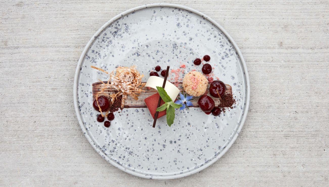 Gourmet dessert with chocolate, berries, cream and edible flowers on a speckled ceramic plate