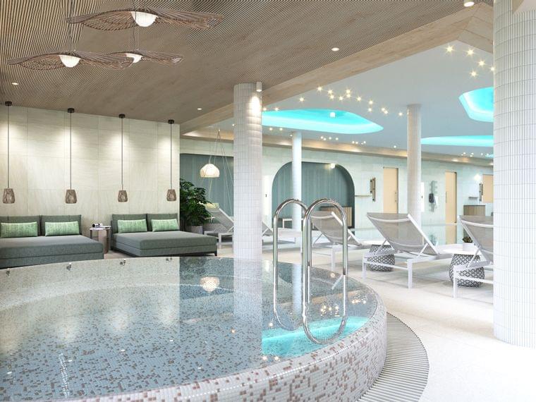 Modernes Spa mit Whirlpool, Liegestühlen, Ruhebetten und stimmungsvoller Beleuchtung