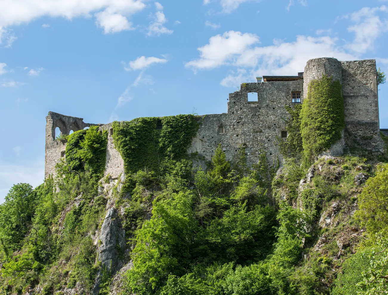 Mittelalterliche Burgruine mit Efeu bewachsen auf einem felsigen Hügel im Grünen