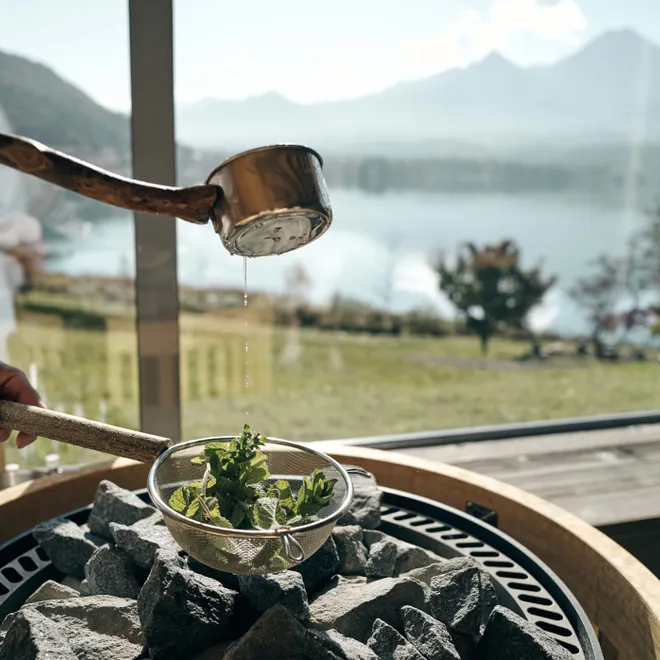 Herbs being steamed over hot stones in a sauna with mountain view