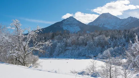 Verschneiter Wald und zugefrorener See mit Menschen vor Alpenbergen unter klarem blauen Himmel