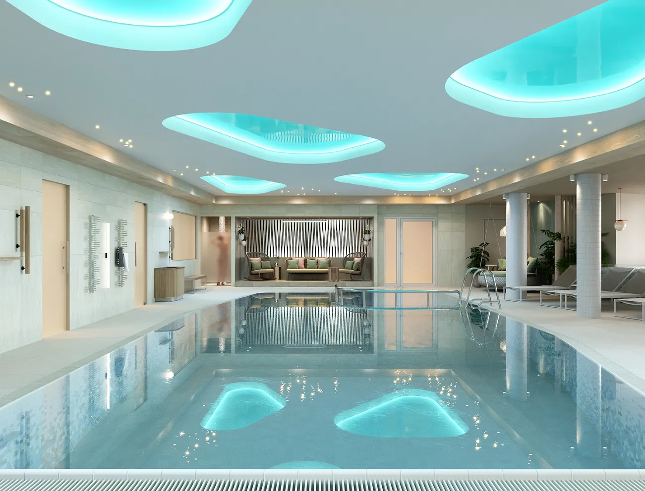 Luxuriöser Innenpool im Spa mit Liegestühlen, stimmungsvoller Beleuchtung und modernem Design