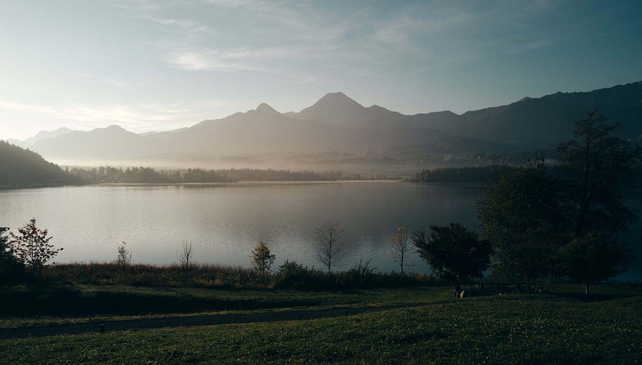 Lago tranquillo con catena montuosa nebbiosa all'alba e alberi verdi in primo piano