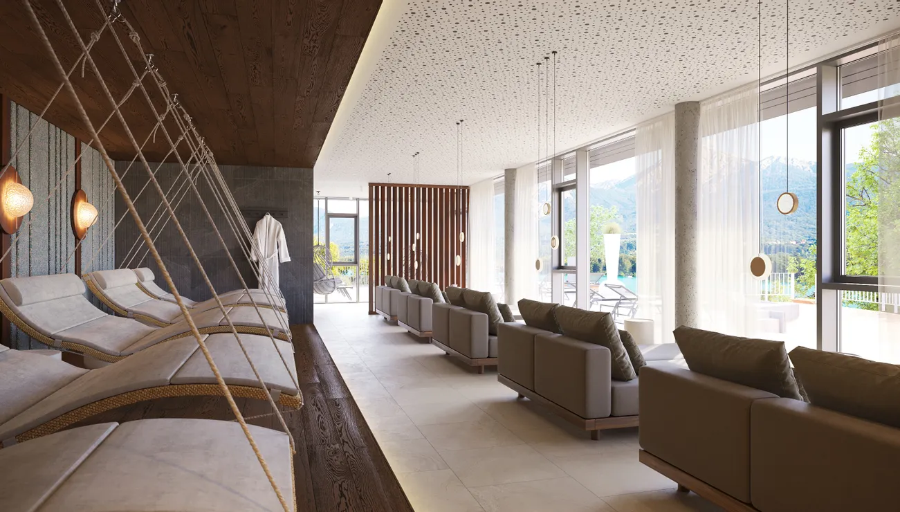 Moderner Spa-Ruheraum mit Hängeliegen und Bergblick durch große Fenster