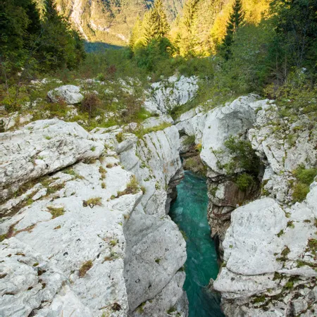 Fiume turchese che scorre in una stretta gola di roccia bianca tra montagne boscose