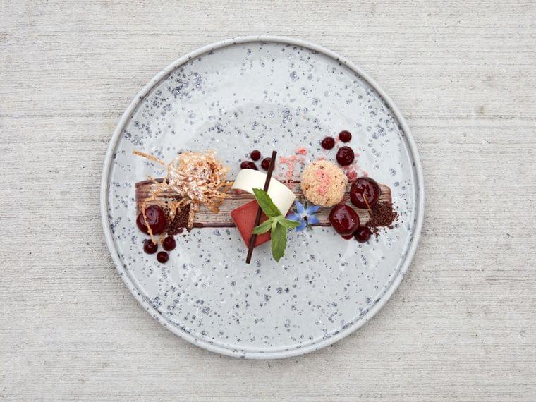 Gourmet dessert with chocolate, berries, cream and edible flowers on a speckled ceramic plate