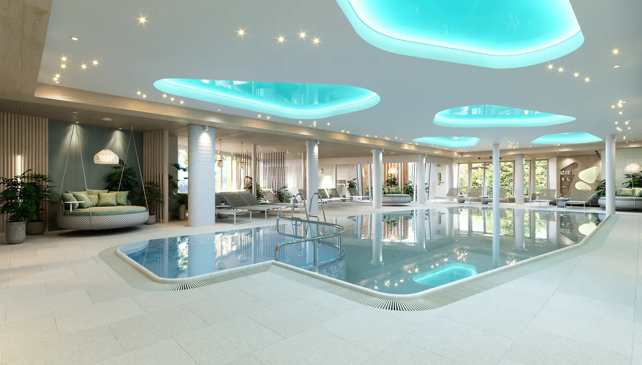 Luxuriöser Innenbereich mit Spa-Pool, Liegestühlen, Hängesesseln und stimmungsvoller Deckenbeleuchtung