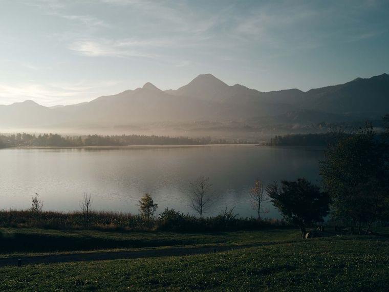 Lago tranquillo con catena montuosa nebbiosa all'alba e alberi verdi in primo piano