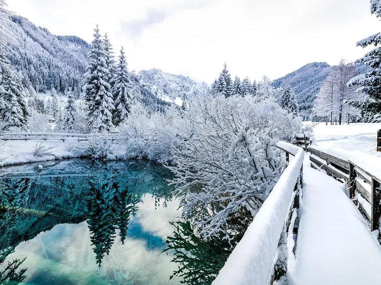 Verschneiter Holzweg neben zugefrorenem See im winterlichen Alpenwald
